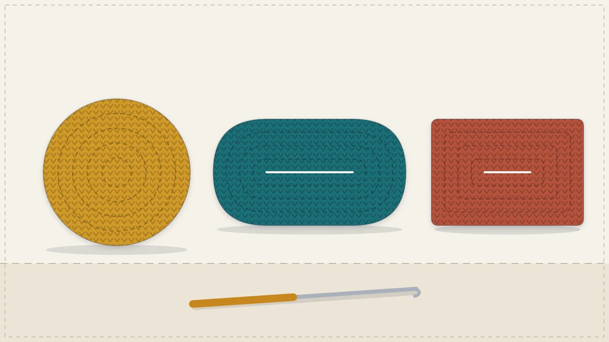 A flat crocheted circle, oval and rectangle arranged side by side as bag bases