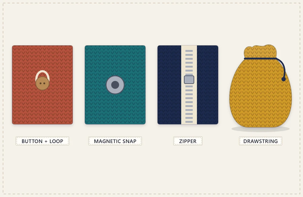 Four closure types side by side: a button and chain loop, a magnetic snap, a zipper and a drawstring