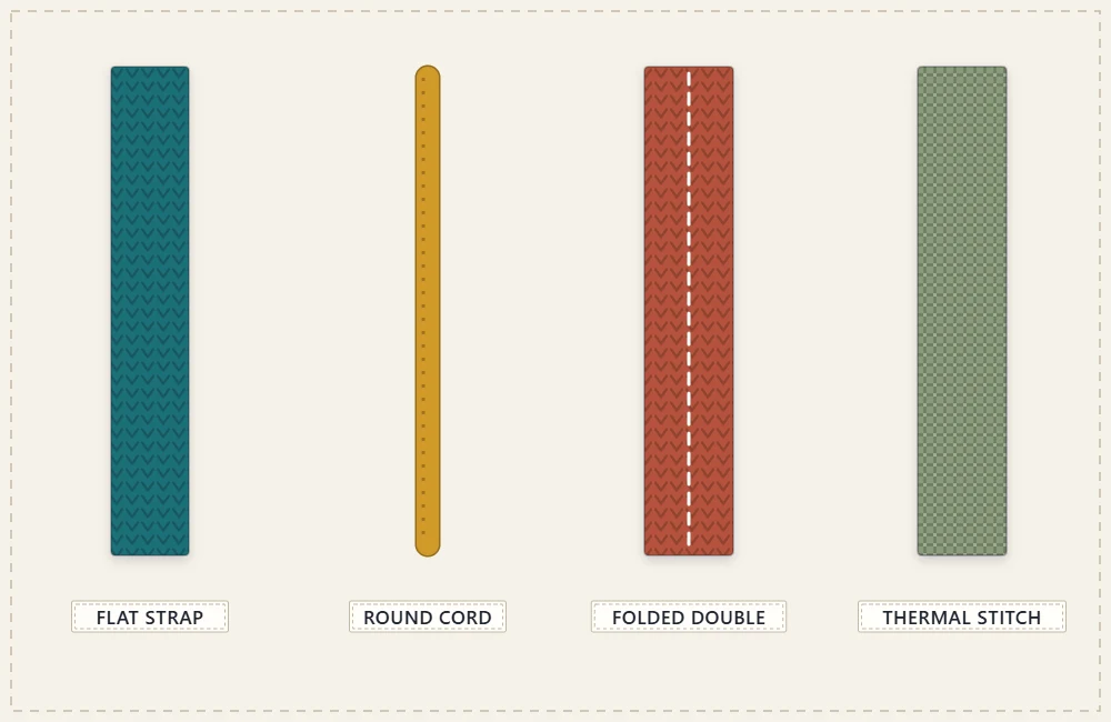 Four strap types laid side by side: a flat single-crochet strap, a round cord, a folded double-thickness strap and a thermal stitch strap