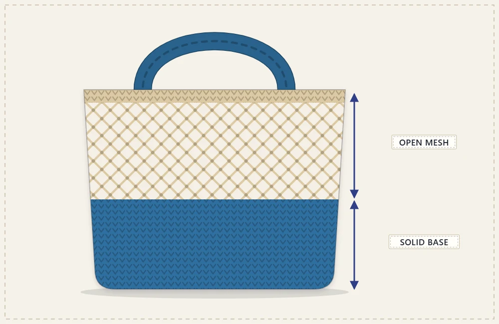 Side view of the crochet beach bag showing the solid lower section and the open mesh upper section