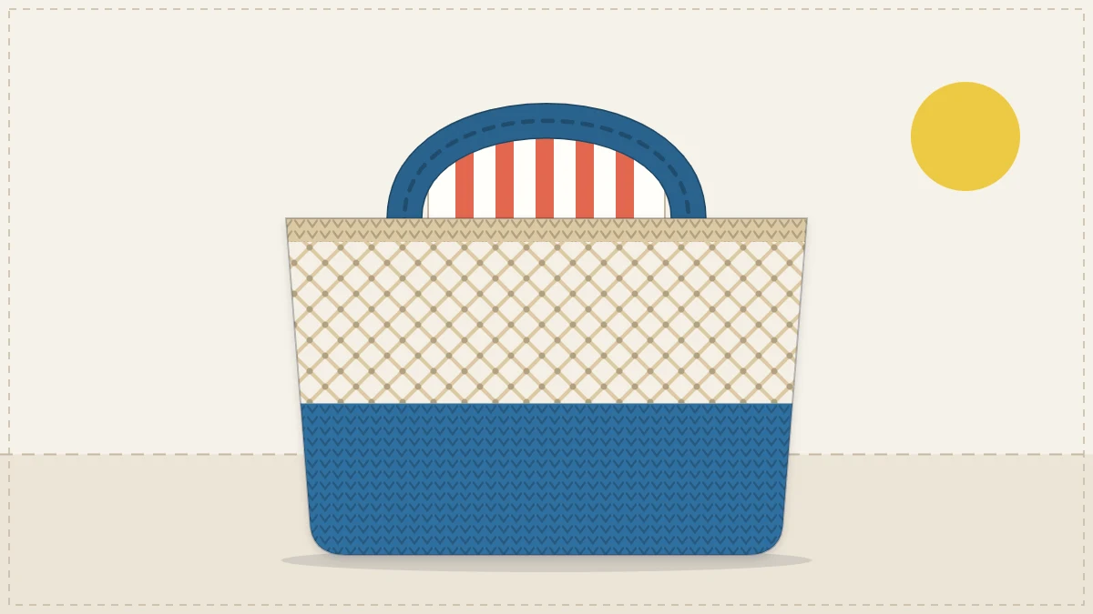 A large crocheted beach tote with a solid base, mesh sides and thick handles, in sand and ocean blue, with a rolled striped towel inside