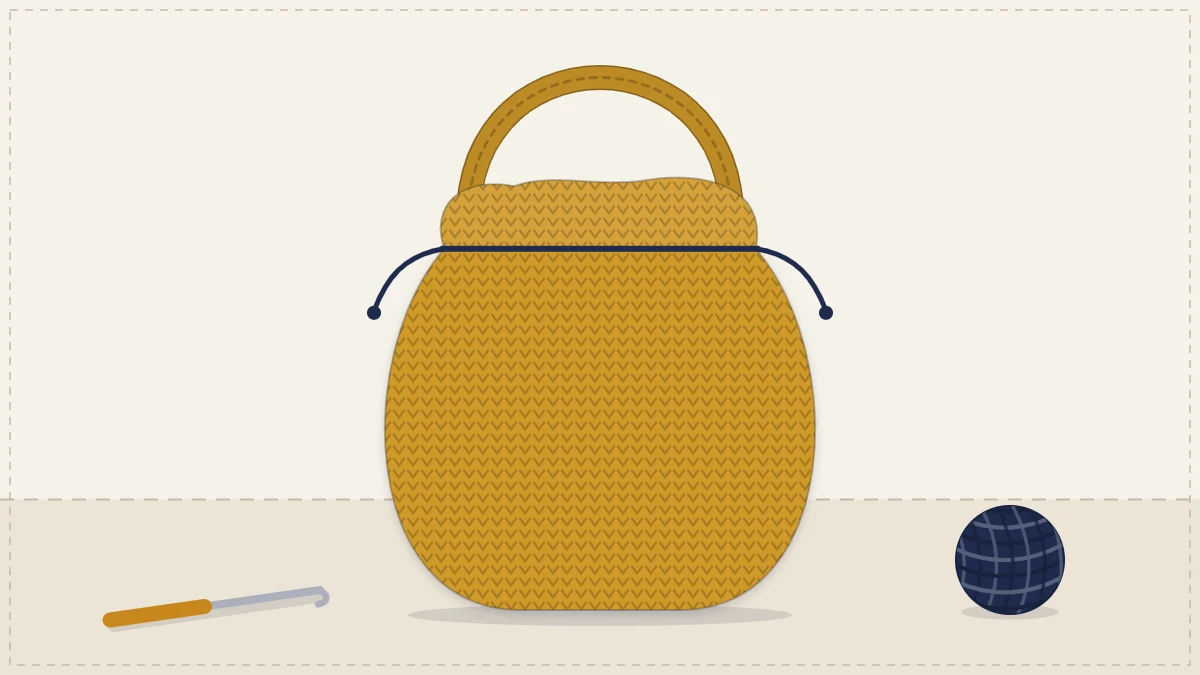 A round-bottomed crocheted bucket bag with a drawstring top and shoulder strap in mustard yellow