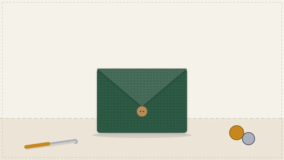 A small envelope-shaped crocheted coin purse with a pointed flap and a round button, in forest green