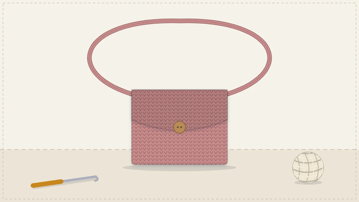 A small flat crocheted crossbody bag with a fold-over flap, a wooden button and a long thin strap in dusty rose