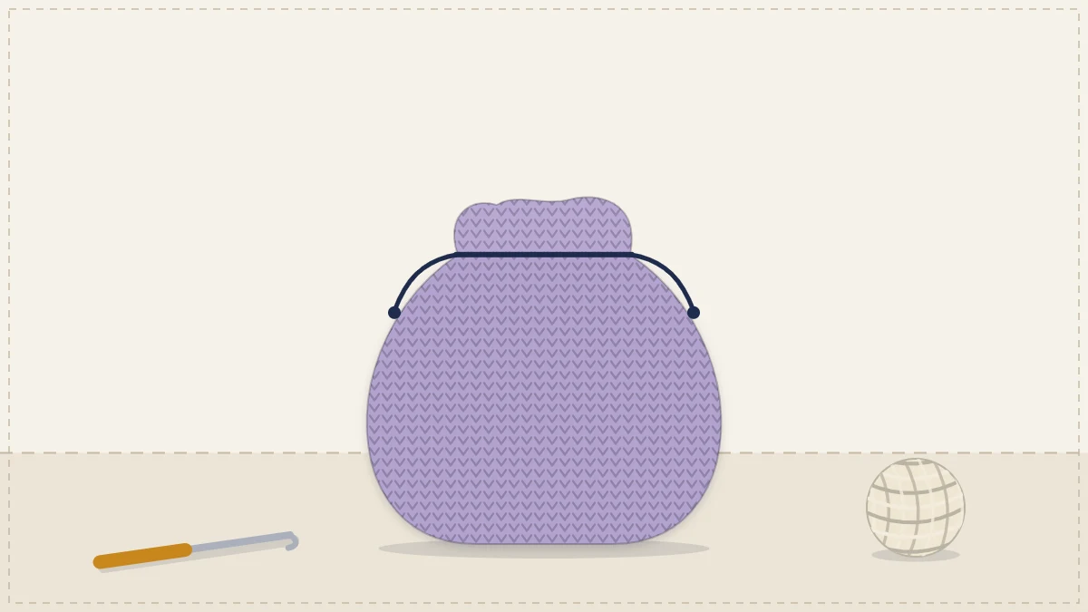 A small round crocheted drawstring pouch cinched closed with two cords, in soft lilac