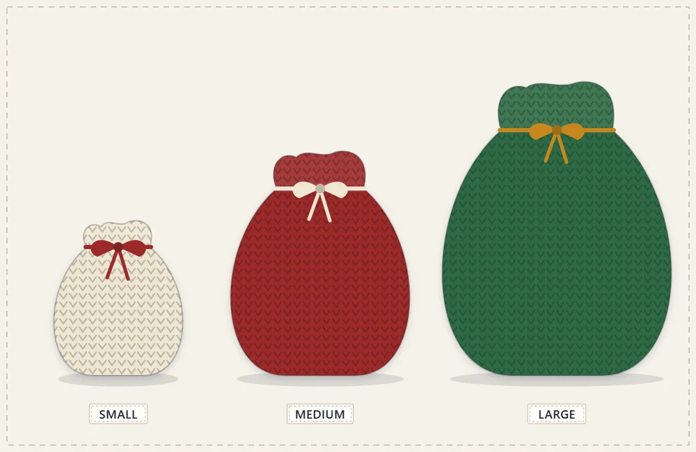 Three crochet gift bags in three sizes lined up from small to large, each tied with a ribbon