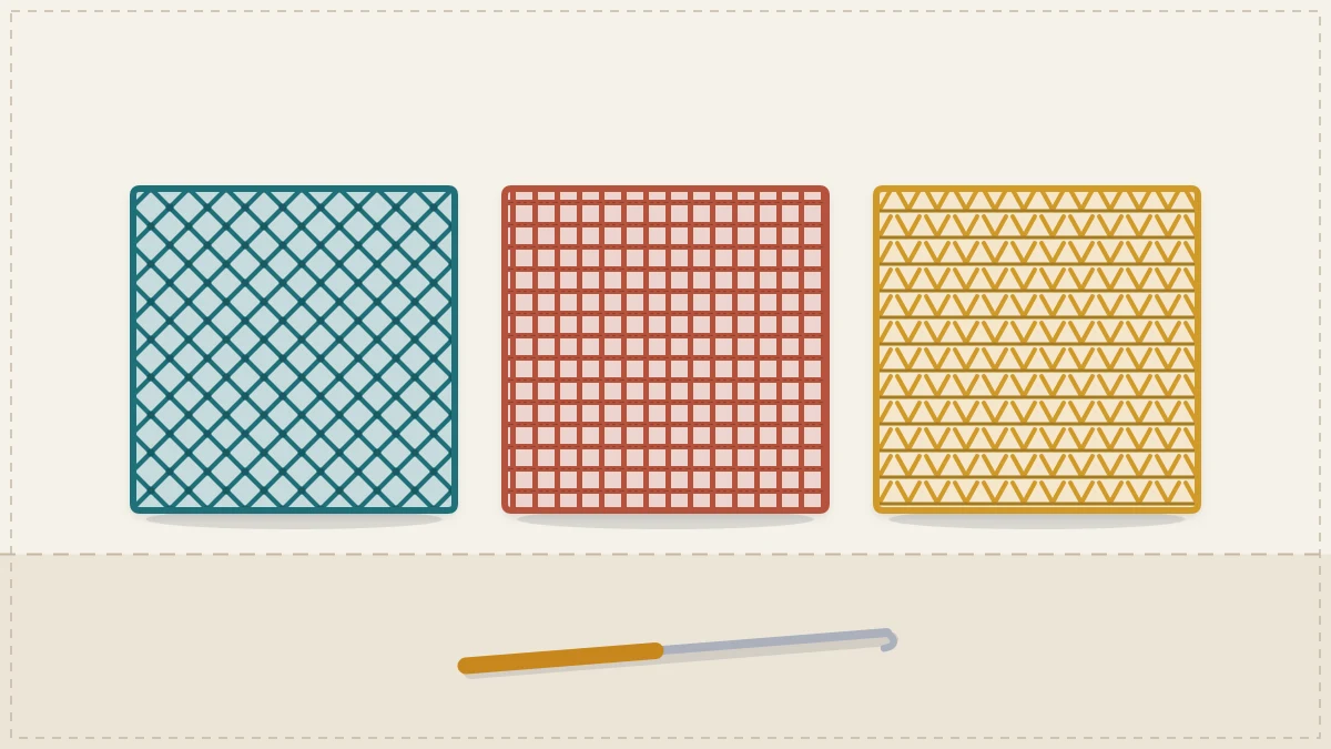 Three squares of crocheted mesh in different openness lying side by side