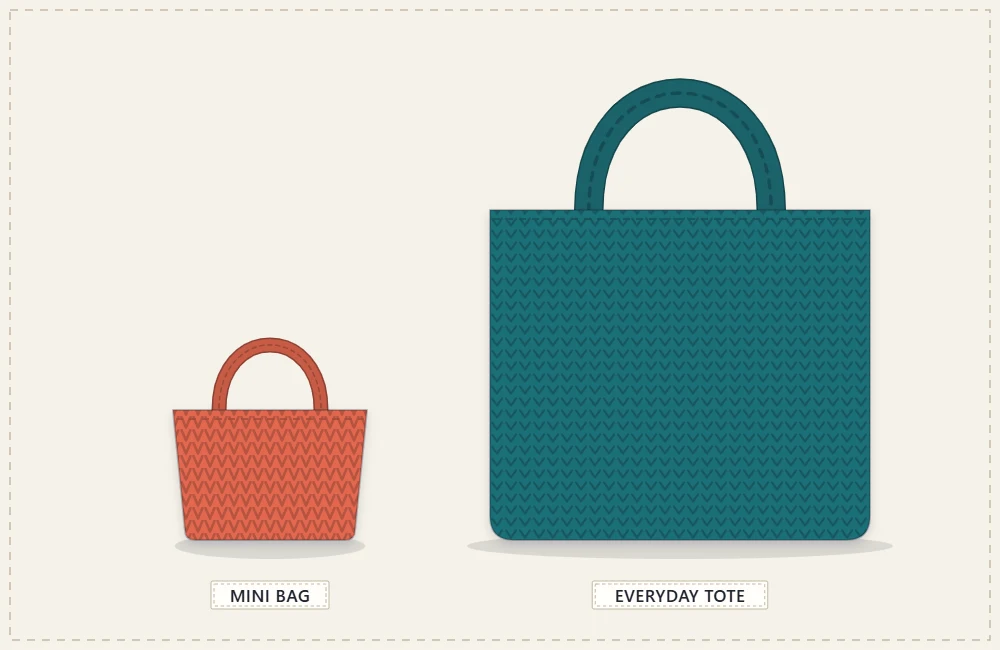 A crocheted mini bag standing next to a regular tote to show the difference in scale