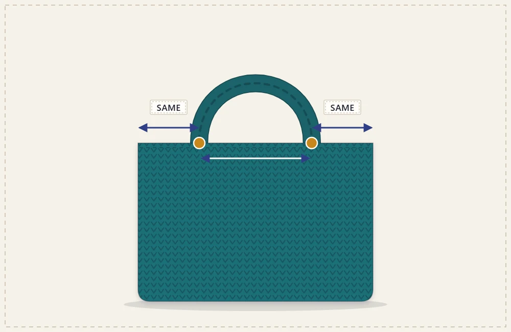 Tote front with the handle placement marked evenly from each side