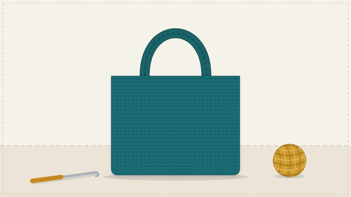A roomy rectangular crocheted tote with two shoulder handles in deep teal, standing upright