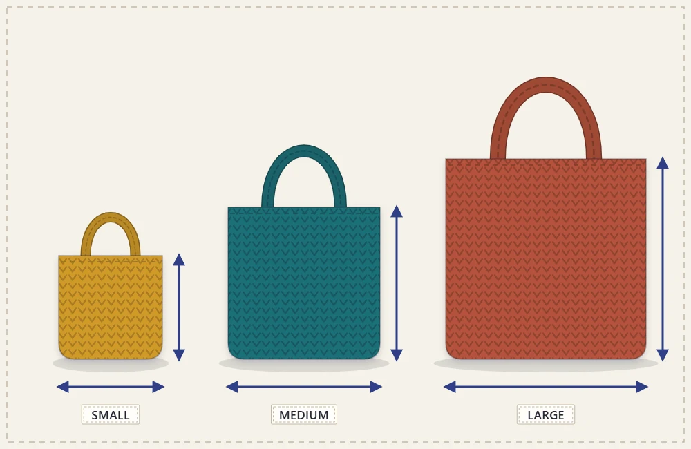 Three tote outlines, small, medium and large, with width and height marked