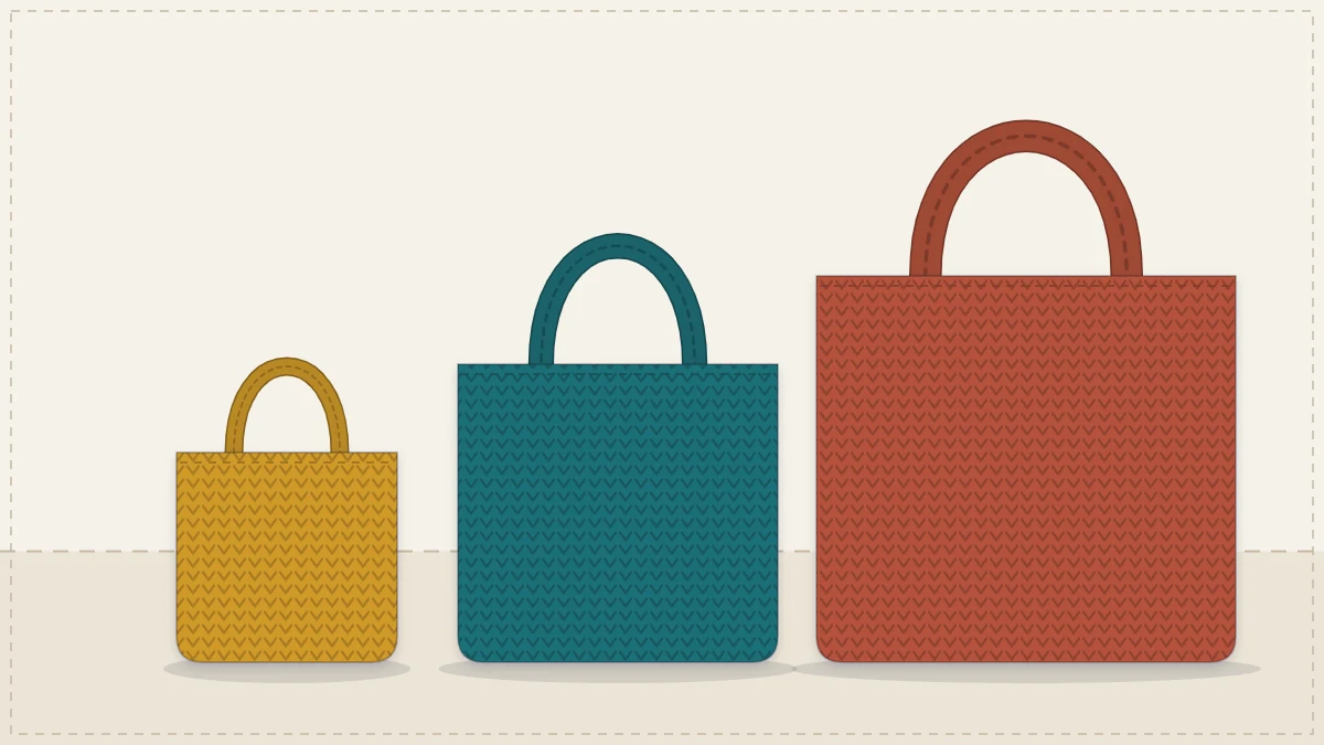Three crocheted totes in small, medium and large lined up by size