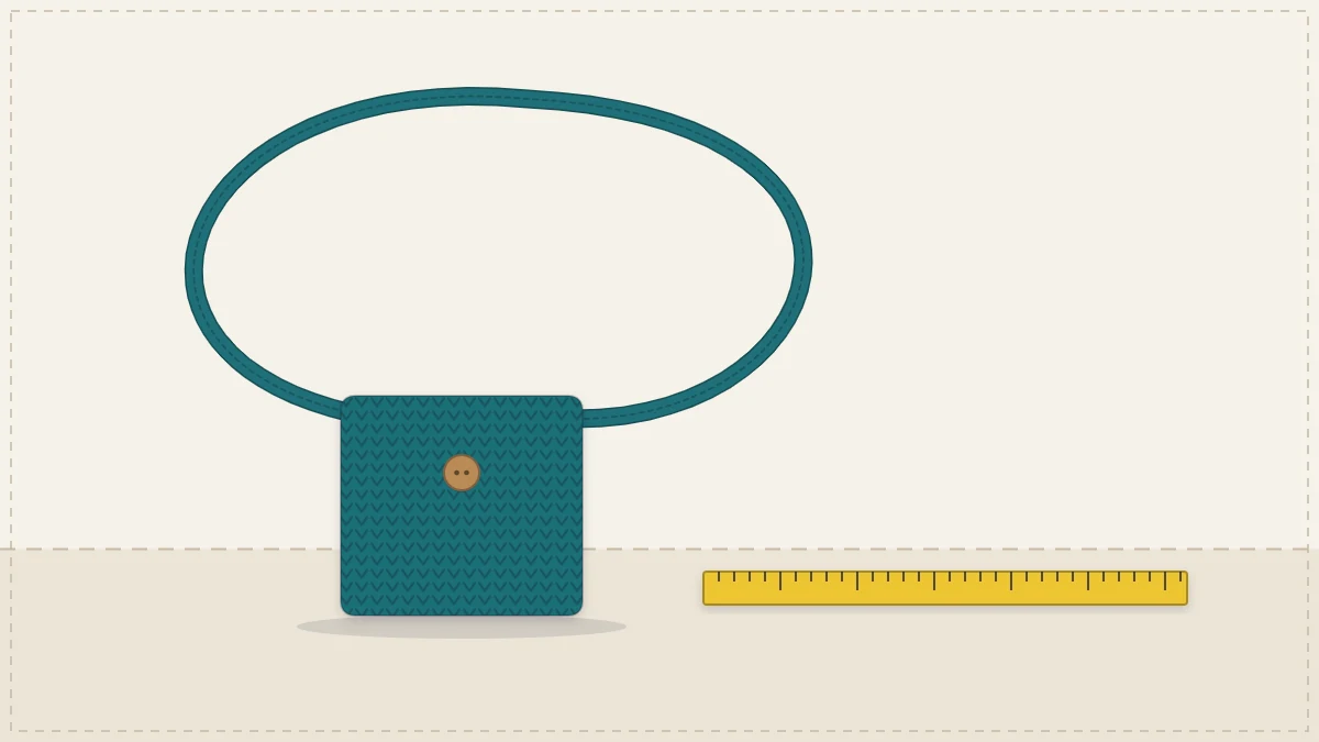 A small crocheted crossbody bag with its long strap laid out in a loop beside a tape measure