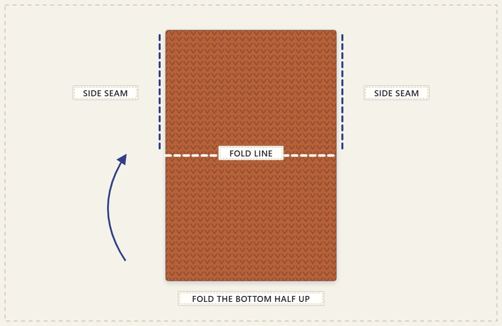 Diagram of the flat rectangle with the fold line across the middle and the two side seams marked