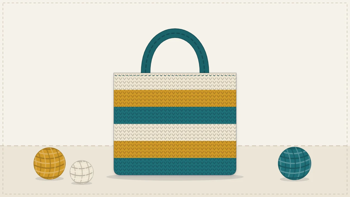 A crocheted tote with wide horizontal stripes in cream, mustard and teal