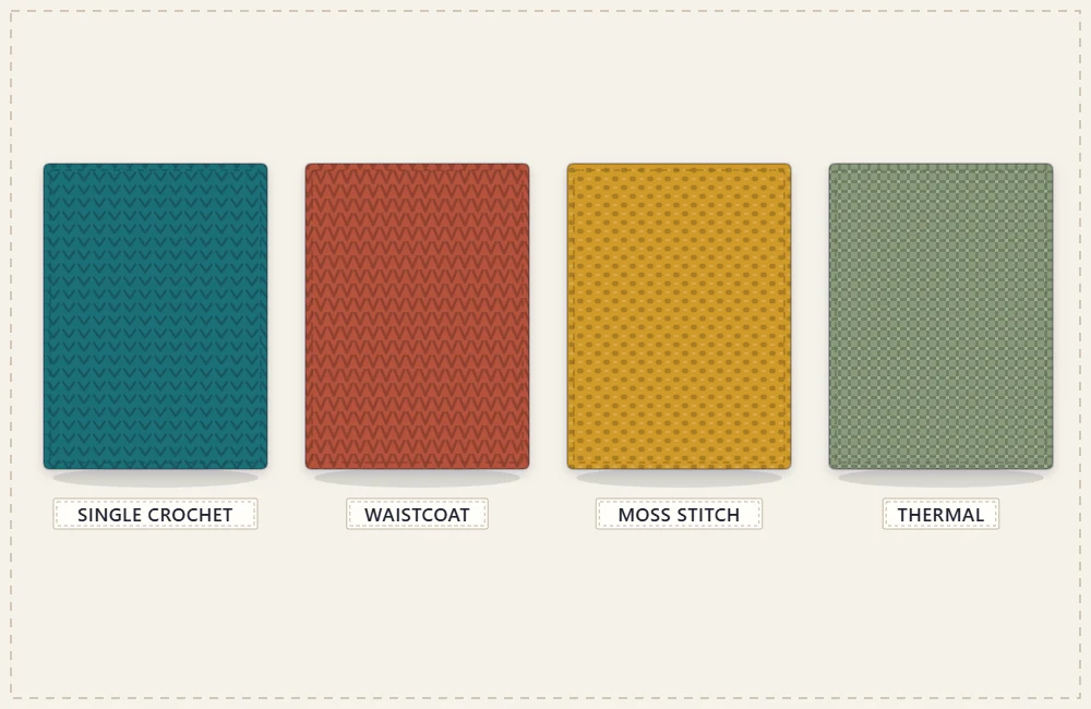 Four dense swatches side by side: single crochet, waistcoat stitch, moss stitch and thermal stitch